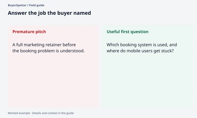 An unrelated retainer pitch is contrasted with a specific question about the clinic's booking system and failing mobile step.