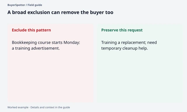 An advertisement for a bookkeeping course is compared with a useful cleanup request that also mentions training.