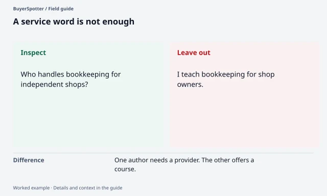 Two bookkeeping posts compared: a provider request deserves inspection, while a seller's course promotion does not fit the same task.