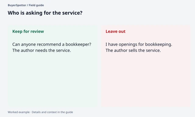 A request for a bookkeeping recommendation is compared with an advertisement for available bookkeeping services.