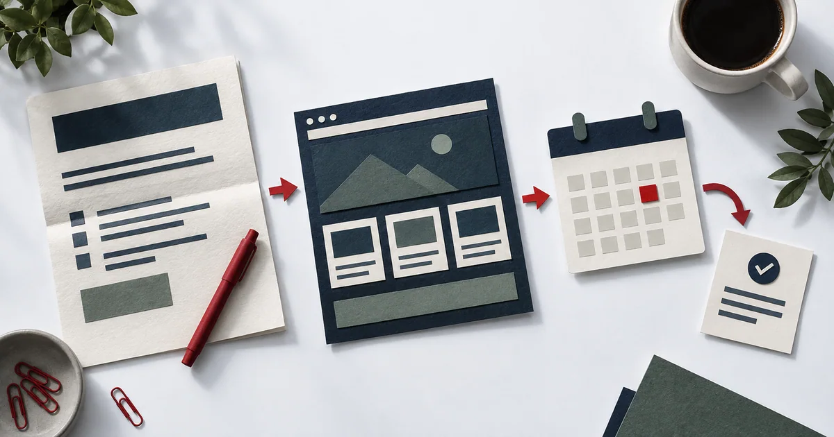 Editorial illustration of a project brief, website layout, booking calendar and follow-up note arranged as a review sequence.