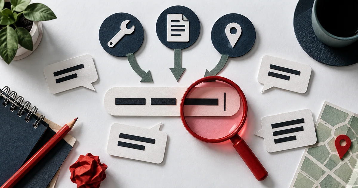 Editorial illustration of a red search lens and separate service, request and location tokens arranged beside conversation cards.