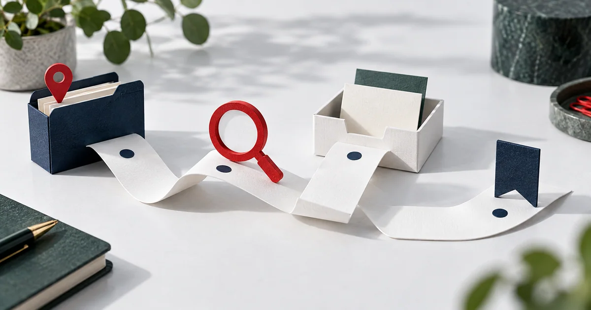Editorial illustration of a checklist connecting a source folder, search lens, inbox tray and bookmark.