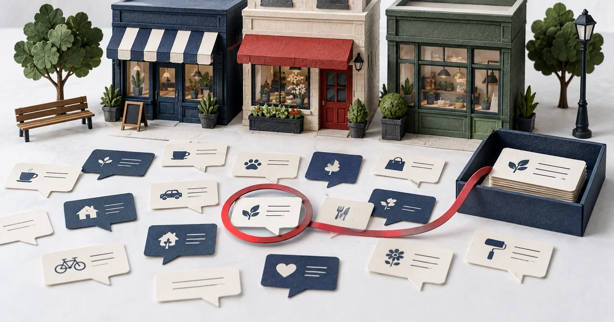 Editorial illustration of neighborhood shops, conversation cards and one request selected for review.