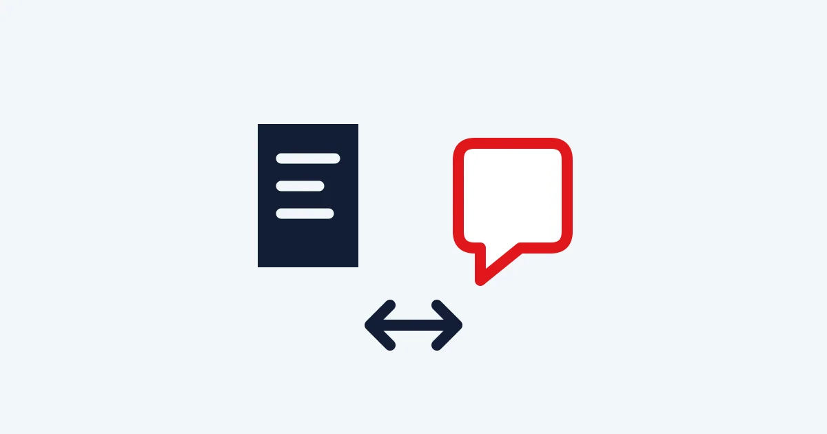 Editorial illustration: A document and a conversation bubble joined by a comparison arrow.