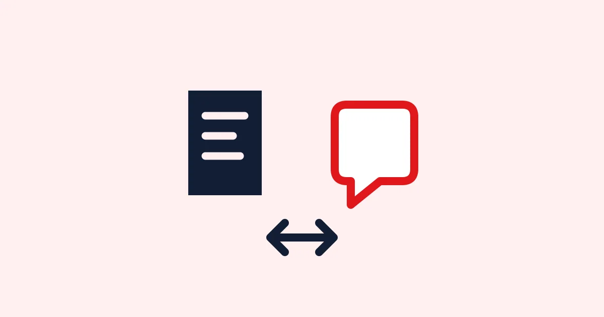 Editorial illustration of a document and a conversation bubble joined by a comparison arrow.