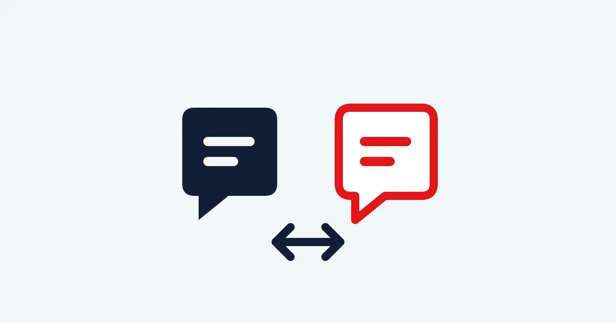 Editorial illustration of two conversation bubbles joined by a comparison arrow.