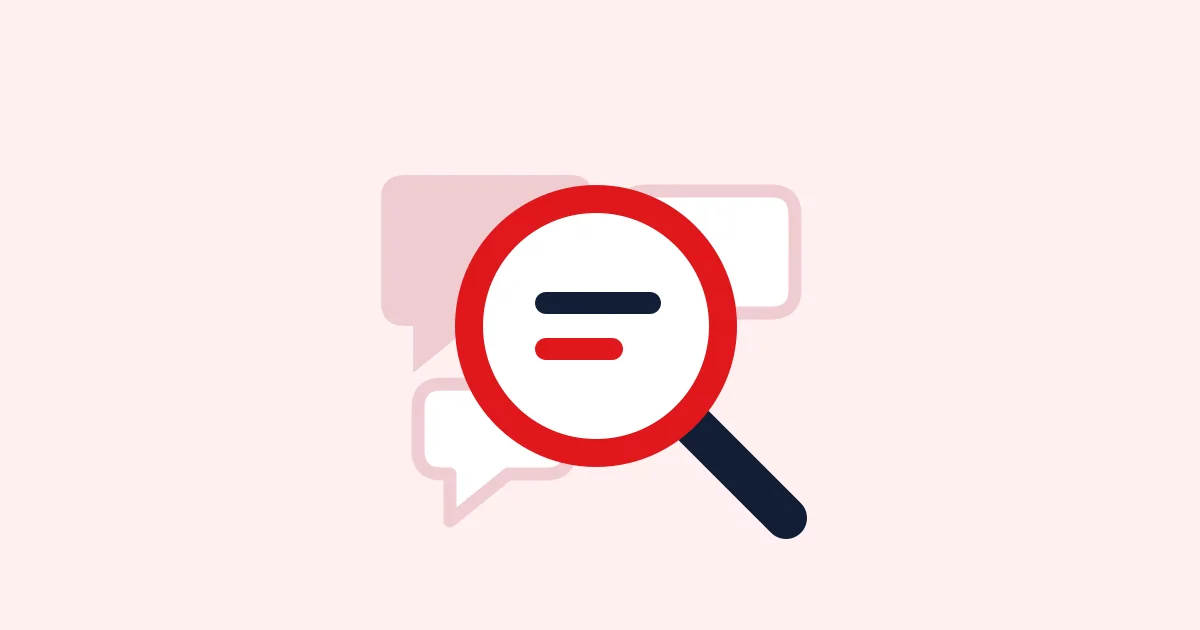 Editorial illustration of a red search lens over several conversation bubbles.