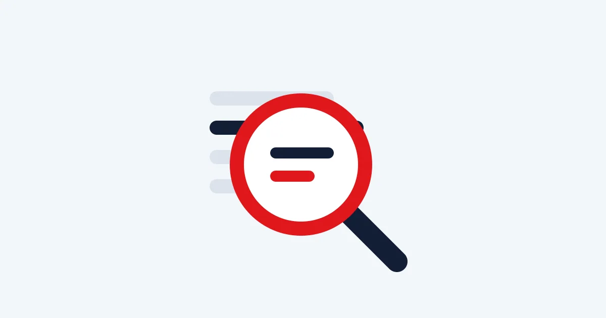Editorial illustration of a red search lens isolating one phrase from several text marks.