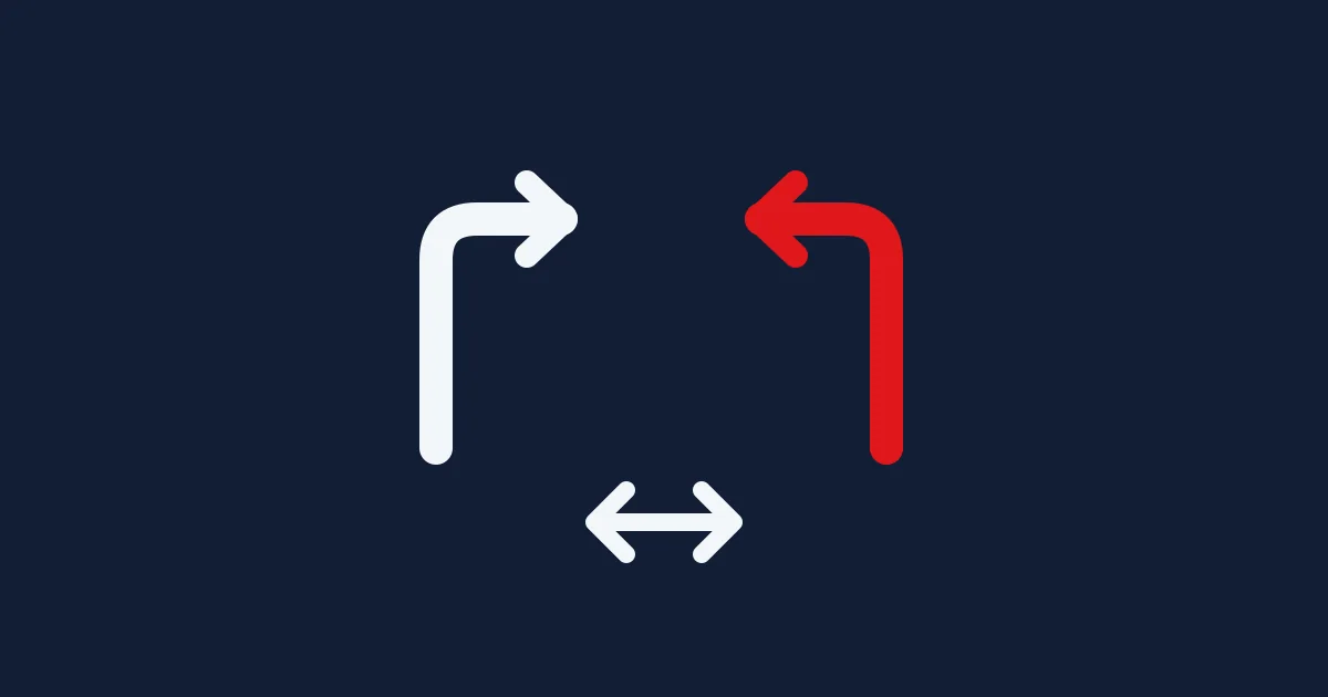 Editorial illustration of two paths joined by a two-way comparison arrow on a navy background.