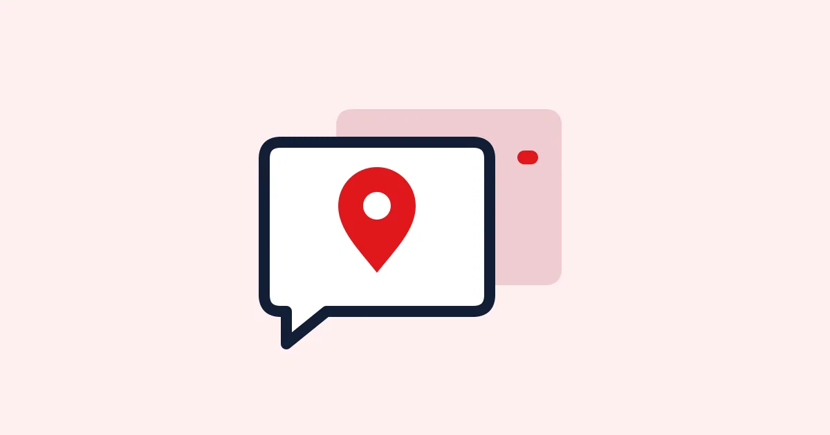 Editorial illustration of a location pin inside a request bubble on a pale rose background.