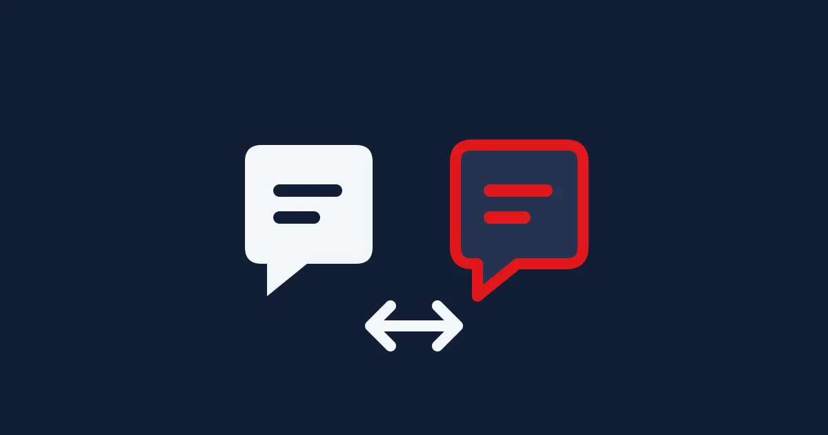 Editorial illustration: Two contrasting conversation bubbles with a two-way comparison arrow.