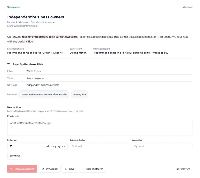 BuyerSpotter opportunity detail showing the mobile booking flow example and its match reason.
