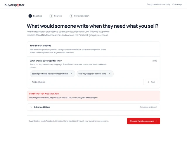 BuyerSpotter search setup with the example phrase booking software would you recommend.
