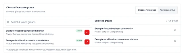 Choose a small source set. Choose groups your account can access. Selection alone does not establish a completed scan.