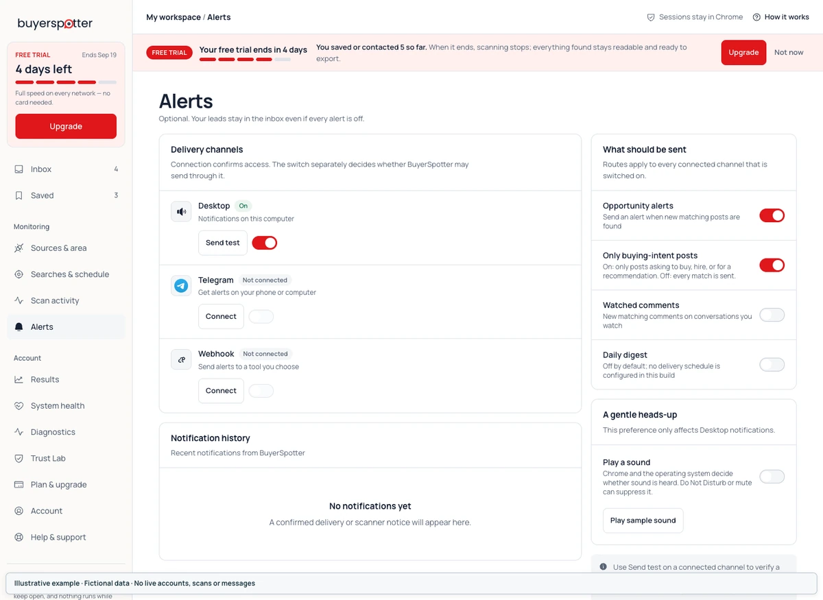 Alerts screen with desktop, Telegram and webhook channels