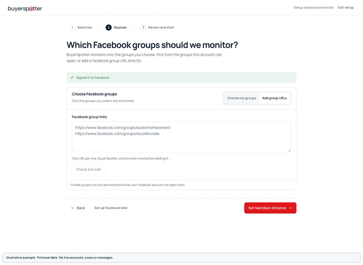 Facebook group-link entry and access check in BuyerSpotter