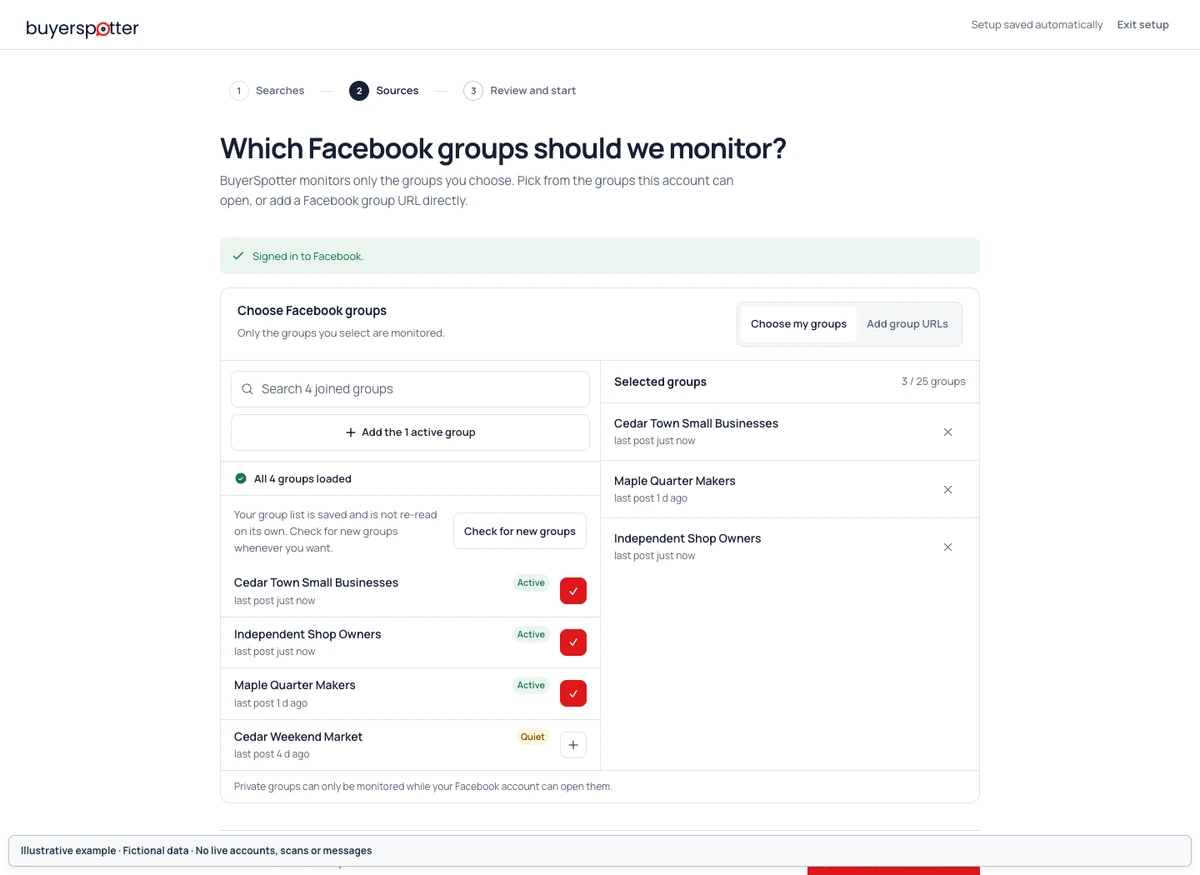 Facebook group picker in BuyerSpotter with selected example groups