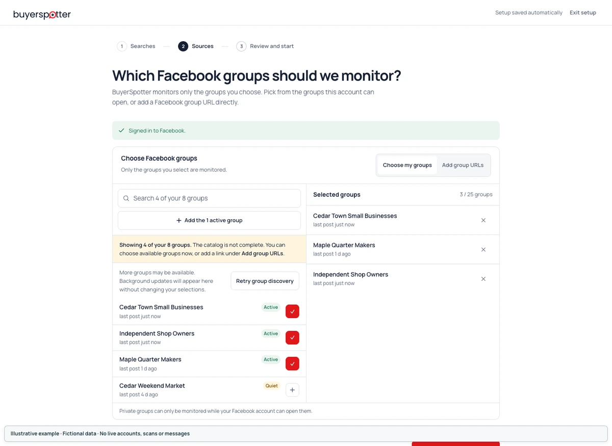 Facebook group picker with a partial discovery state