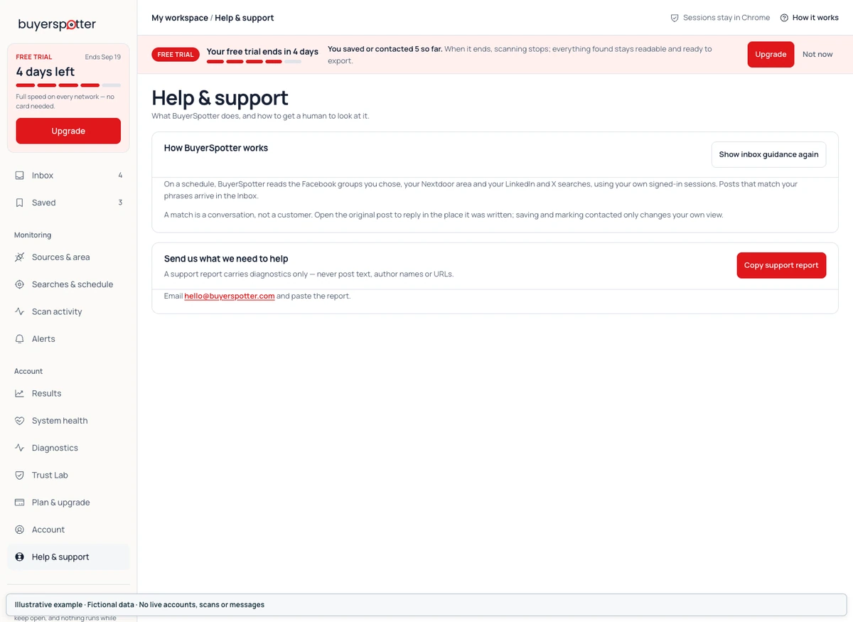 Help and support screen with a support report action