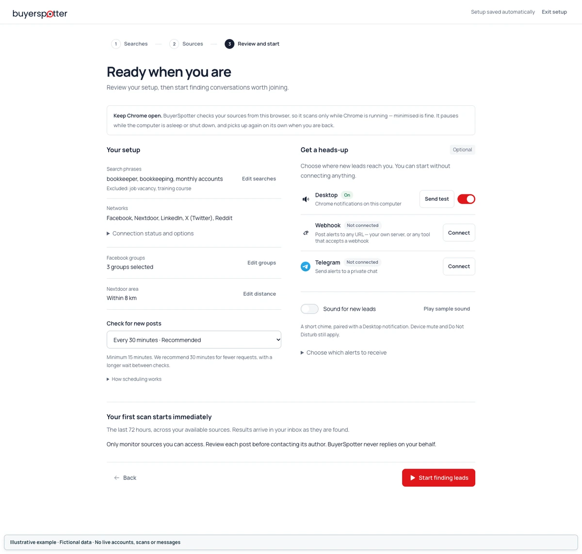 Review and start screen with search, source, schedule and alert summary