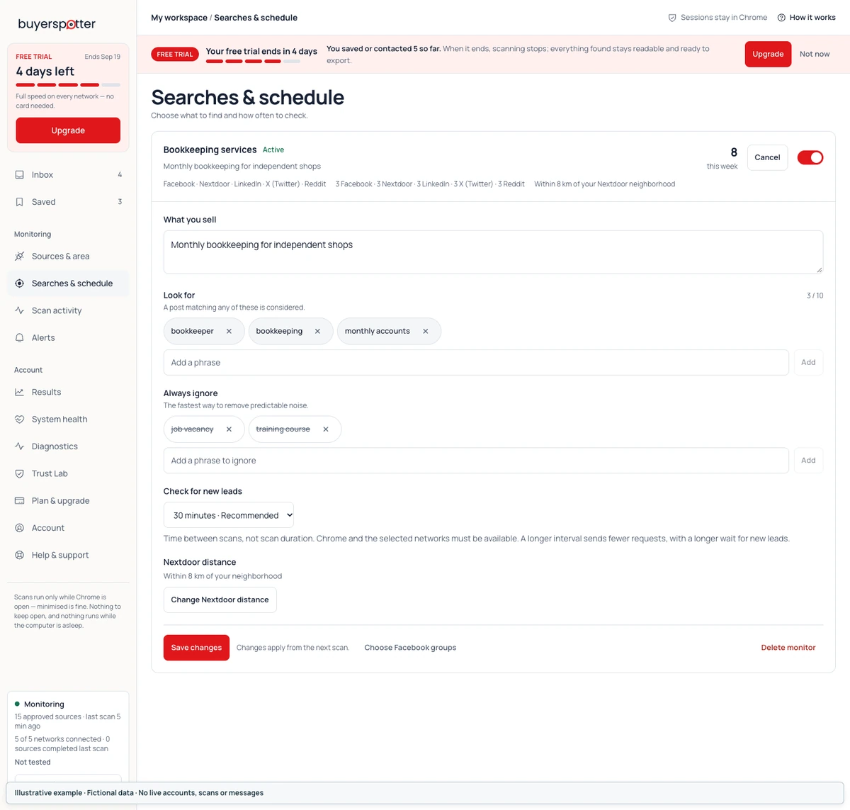 Searches and schedule with included phrases and exclusions