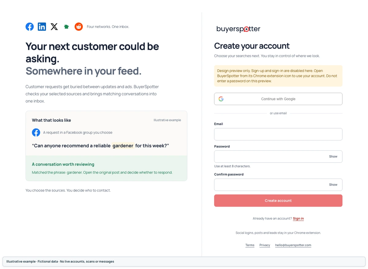 BuyerSpotter account creation with Google and email options