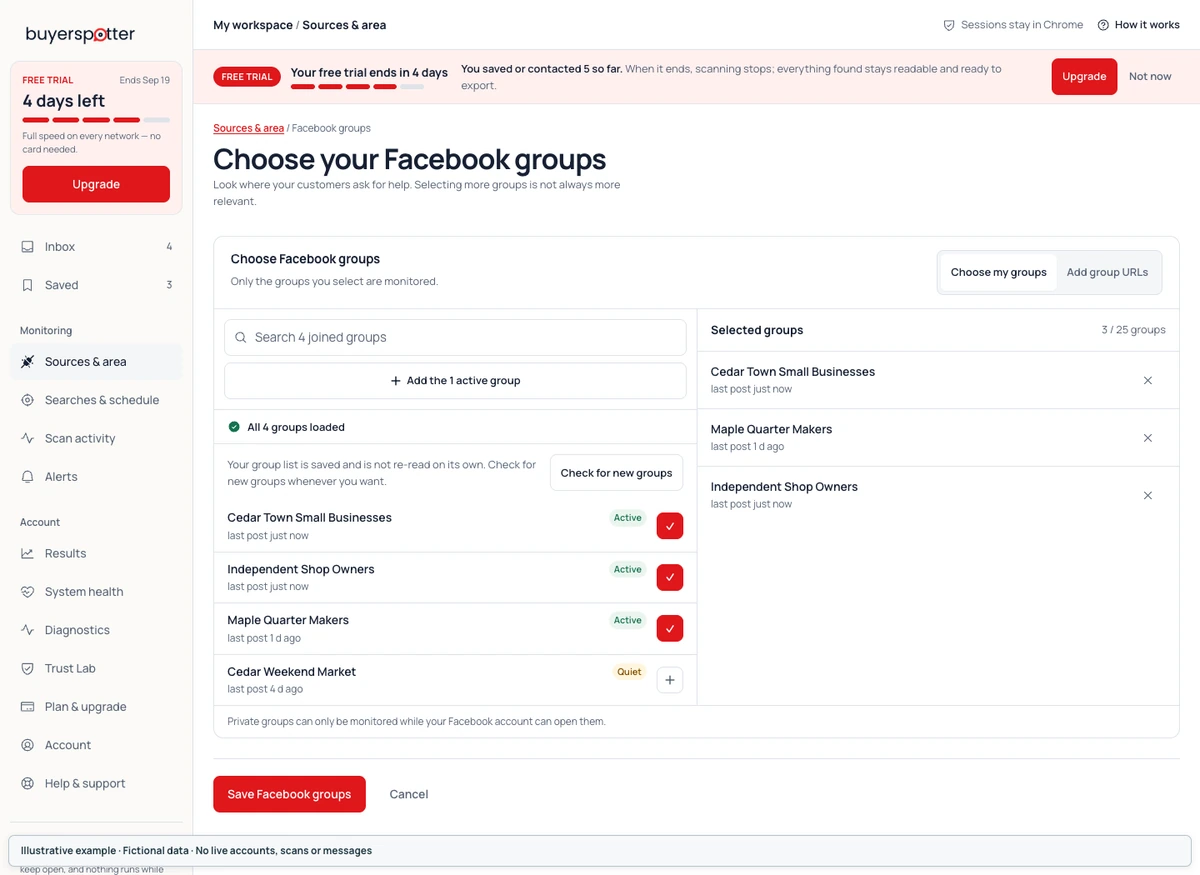 Facebook group editor reached from Sources and area