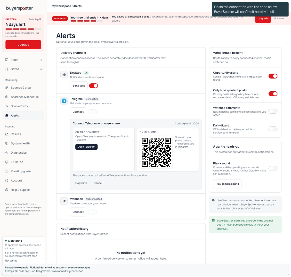 Telegram connection handoff in Alerts